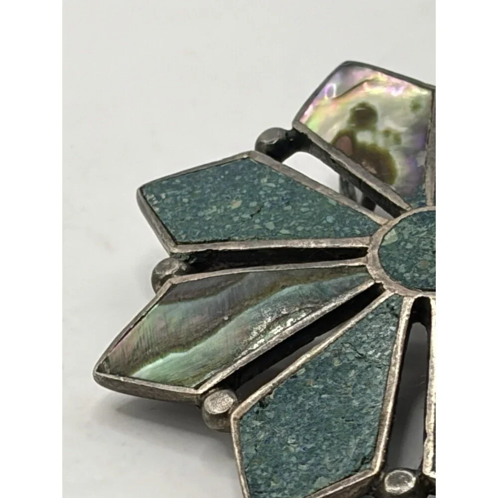 Vintage Mexico 925 Sterling Silver Abalone Crushed Turquoise Flower Brooch Pin